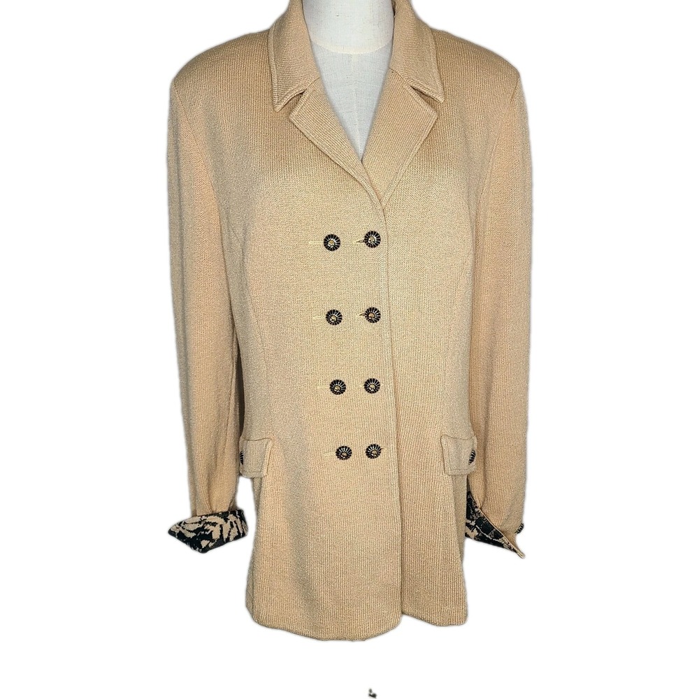 St. John Collection Tan Jacket Santana Knit Wool Blend Long Blazer‎ Size 14